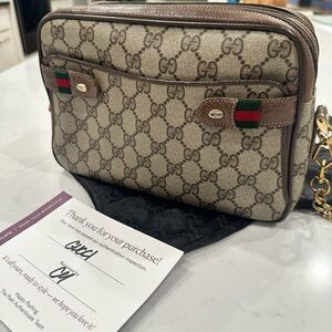 Gucci Brown Monogram Crossbody Bag with Leather Trim